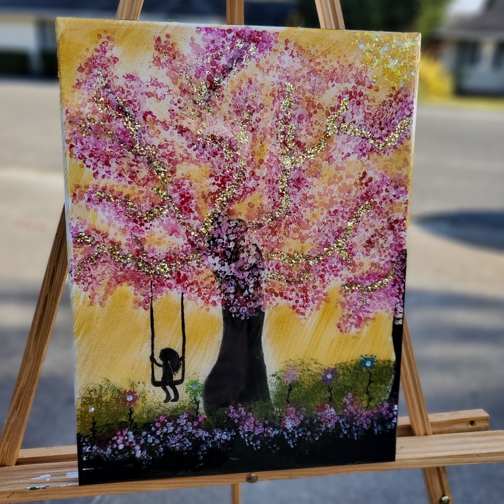 Vibrant Pink and Gold Tree Art Canvas